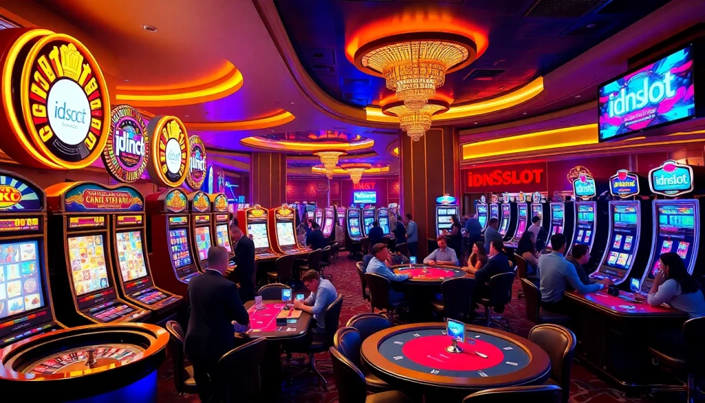 Excited players engaging with idnslot slot machines in a luxurious casino atmosphere.