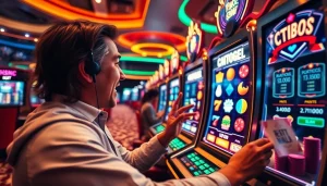 Gambler engaging with GTATOGEL's slot machine, showcasing online casino excitement.