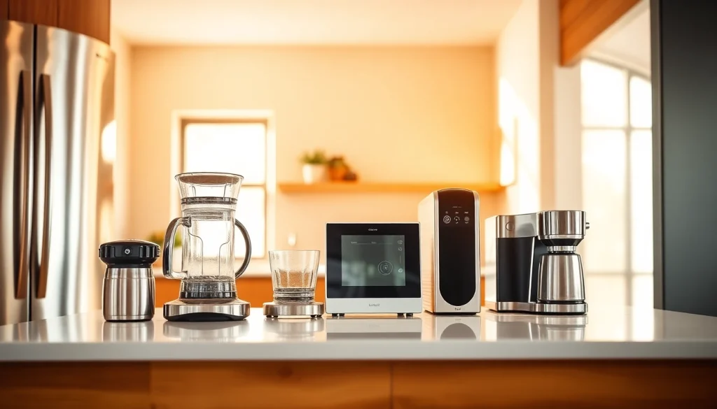 Showcase of modern home appliances arranged in a contemporary kitchen environment.