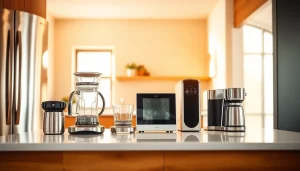 Showcase of modern home appliances arranged in a contemporary kitchen environment.